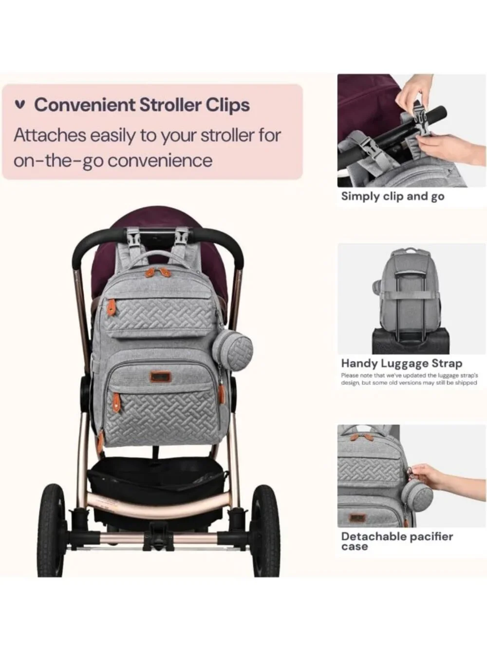Large Waterproof Diaper Bag Backpack for Travel, Changing Pad, Stroller Clips